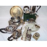 A quantity of plated ware to include trays, cruets, vase, dishes and similar.