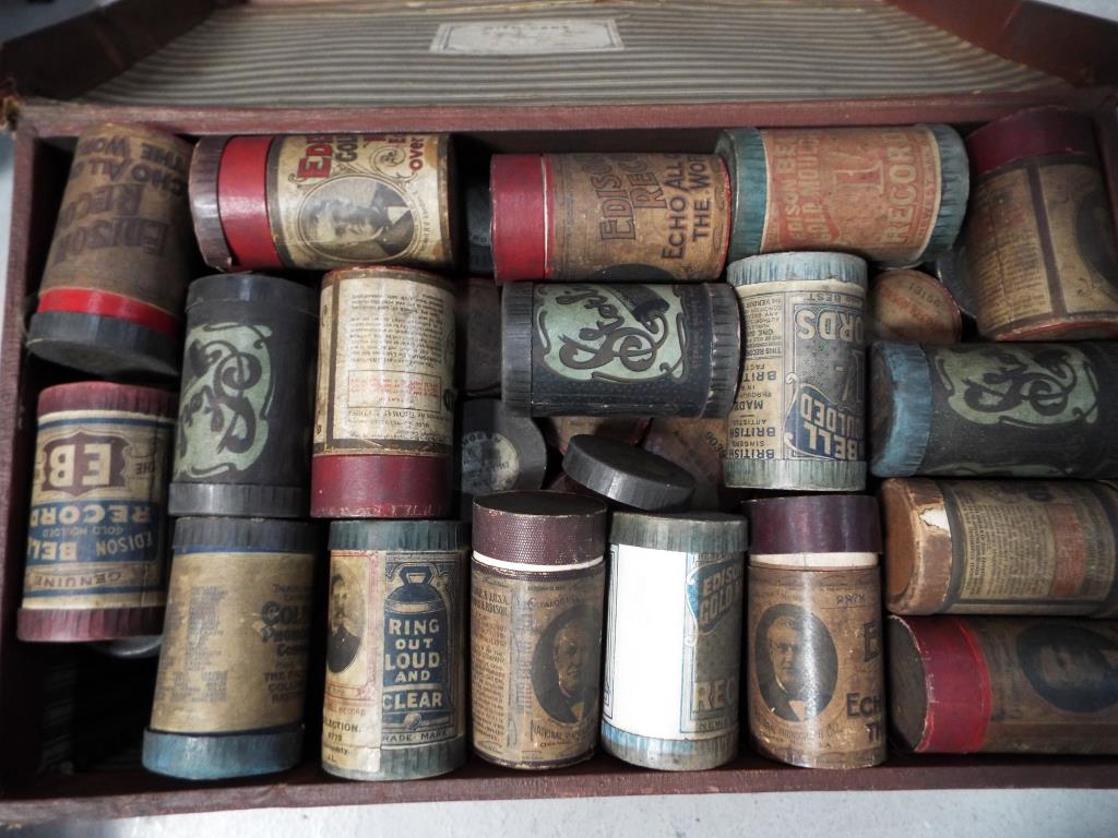 A vintage case containing in approximately 50 phonograph wax cylinders in original cases.
