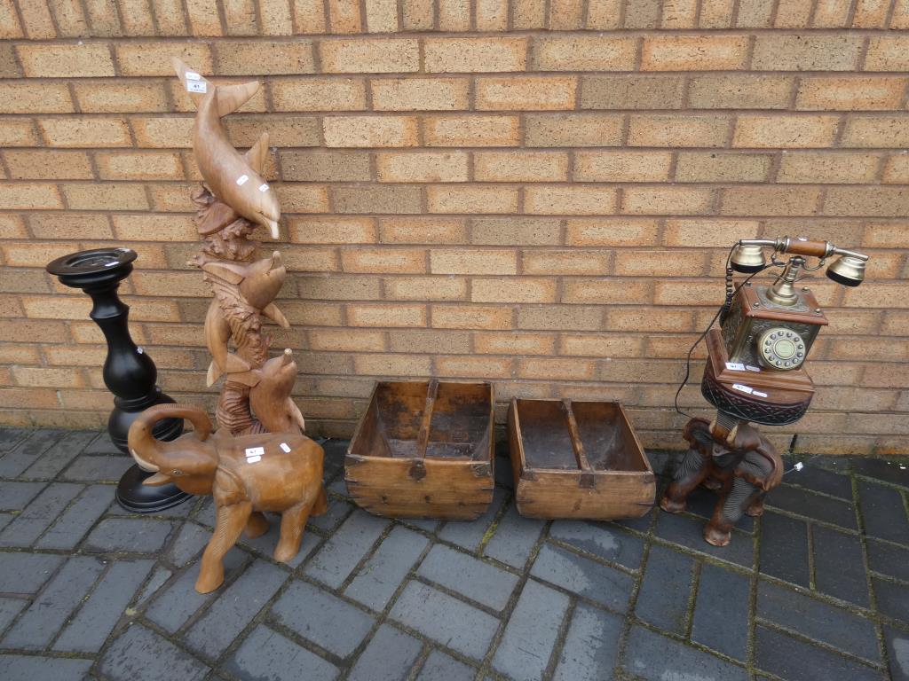 A vintage style telephone, carved wooden items, - Image 2 of 2