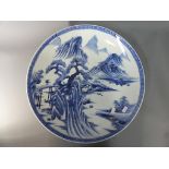 A large blue and white charger with landscape decoration, approximately 45 cm [d].