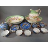 Two Minton's washbowls with a matching jug and an Oriental tea service with a dragon decoration.