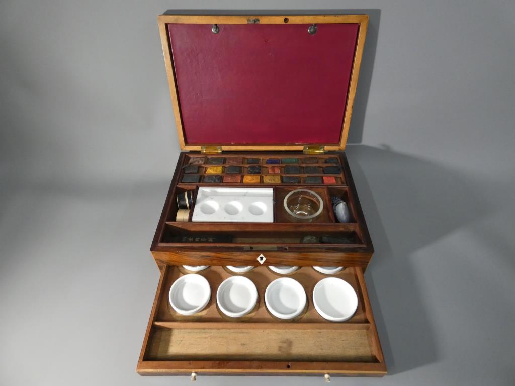 A 19th Century artist's box with inlaid decoration with fitted interior containing watercolour - Image 3 of 7