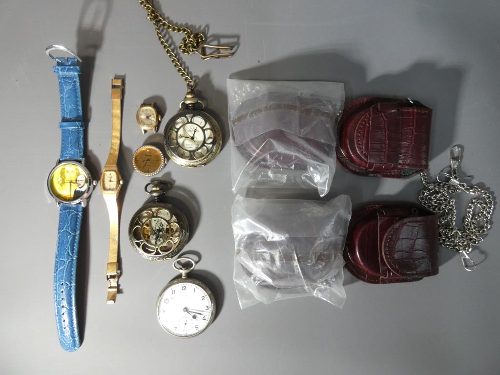 A lot to include four wrist watches, two lacking straps, two modern pockets watches,