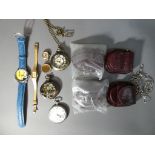 A lot to include four wrist watches, two lacking straps, two modern pockets watches,