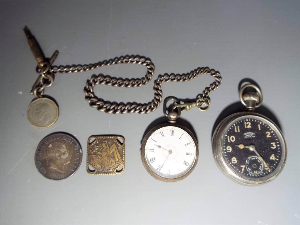 A lot to include Lady's white metal pocket watch with silver chain and T bar and Ingersoll Yankee