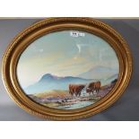 An oval water colour depicting highland cattle grazing, gilt frame under glass,