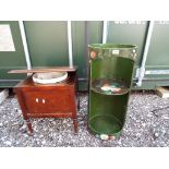 A decorative round storage unit with floral decoration also included in the lot is a mahogany