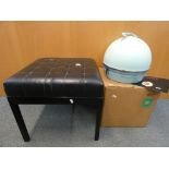 A lot comprising of black leather footstool with built in valet hanger by Vallet,