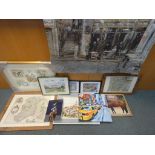 A quantity of prints and pictures, including maps, horse racing themed,