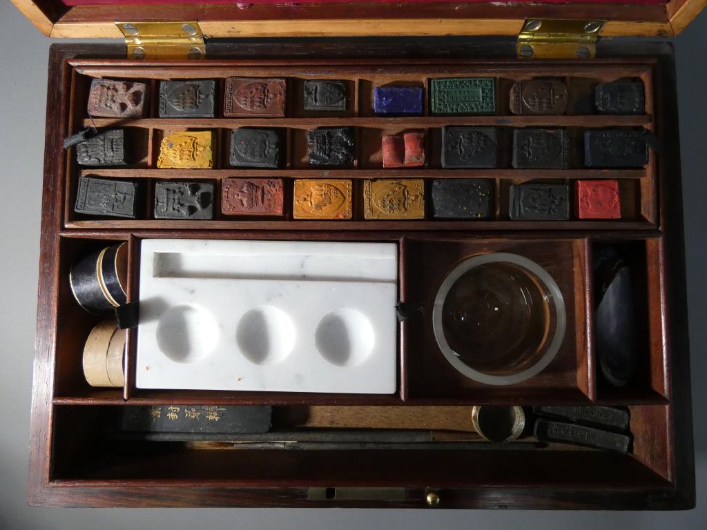 A 19th Century artist's box with inlaid decoration with fitted interior containing watercolour - Image 2 of 7