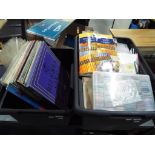 A large box containing a quantity of craft items, cottons, knitting needles,