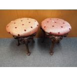 Two cast iron legged bar stools (one A/F), approximately 40 cm (h).