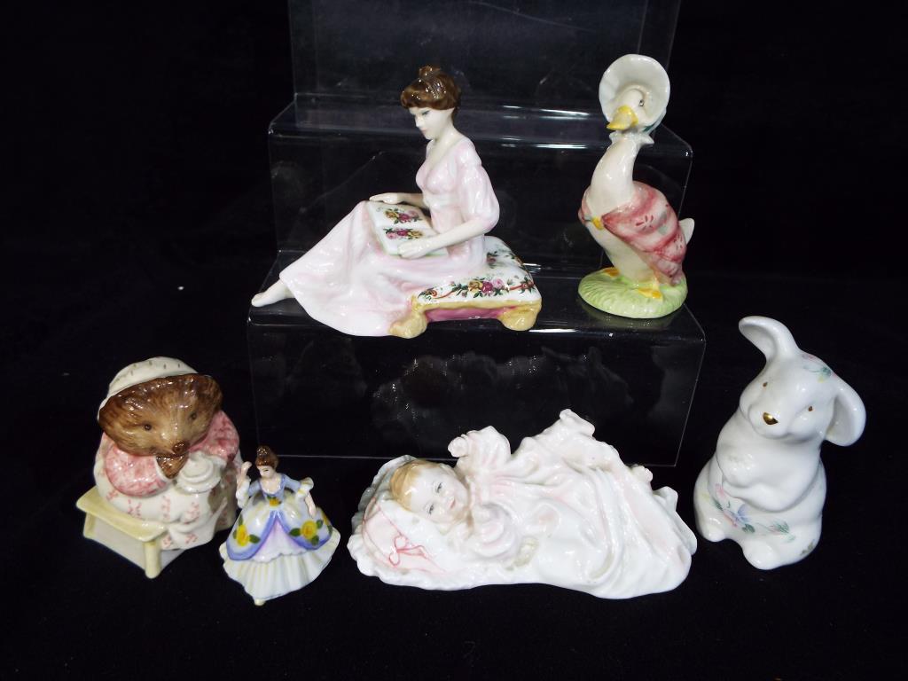 Six ceramic figurines to include Royal Doulton New Baby HN3712, Royal Albert Thoughts of You RA1,