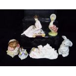 Six ceramic figurines to include Royal Doulton New Baby HN3712, Royal Albert Thoughts of You RA1,