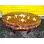 An Oriental coffee table with six stools,