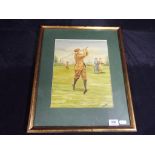 A watercolour depicting a golfing scene mounted and framed under glass,