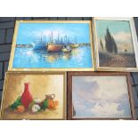 A collection of framed pictures to include still life oil on board,