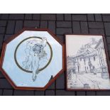 Octagonal wood framed mirror and a pencil pen framed sketch, depicting a continental village scene,