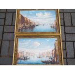 Two framed oils on canvas depicting Venetian canal side scenes,