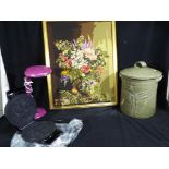 A lot consisting of embroidery needlework art picture depicting still life with flowers,