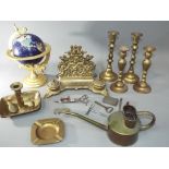 A quantity of metalware, oil can, letter and ink stand and similar,