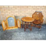 Two folding tilt top tables, a copper fire screen and a dressing table mirror.