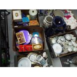 Mixed lot to include ceramics, lacework, vintage tins and similar.