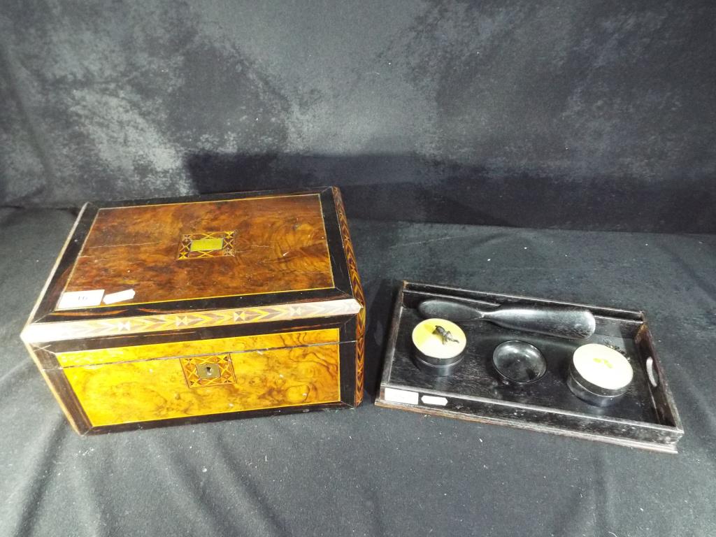 A needlework box with inlaid decoration, brass cartouche and escutcheon and fitted interior, - Image 2 of 2