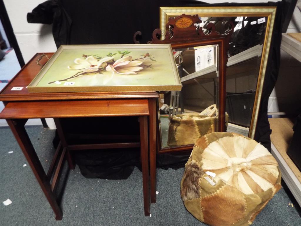 A mixed lot to include two occasional tables, a serving tray,