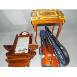 A lot comprising a child's violin by Skylark, cased, a wall shelf with mirror and clock,