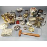 A quantity of plated ware, pewter, brass ware, silver hallmarked napkin ring and similar.