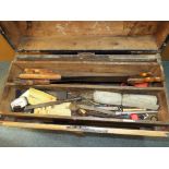 A large vintage wooden tool chest measuring approximately 53 cm x 88 cm x 43 cm,