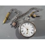 A silver cased key wind pocket watch, the dial with Roman numerals,