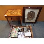 Lot to include sewing table and accessories, corn sampler fire screen, ceramics and similar.