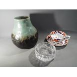 Lot to include a studio pottery vase, signed to the base, glass bottle coaster and similar.