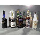 Ten bottles of drink to include Peach Shnaps, Martini, Harveys Bristol Cream,