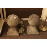 Pair weathered pedestal garden orbs and four weathered moulding's