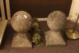 Pair weathered pedestal garden orbs and four weathered moulding's