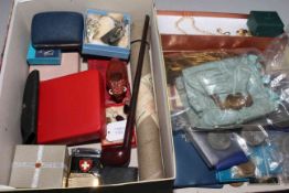 Two boxes with jewellery, coins,