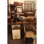 Pine topped kitchen table, two antique spoon racks, treadle sewing machine,