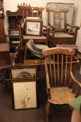 Pine topped kitchen table, two antique spoon racks, treadle sewing machine,