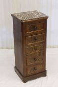Continental mahogany marble topped three drawer pot cupboard,