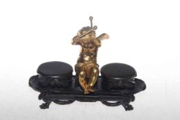Bronze cupid double ink well with lids,