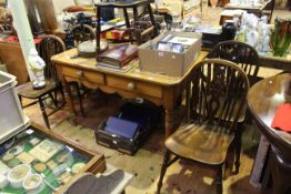 Victorian pine two drawer kitchen table and five Windsor wheelback dining chairs