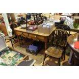 Victorian pine two drawer kitchen table and five Windsor wheelback dining chairs