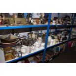 Large collection of china, glass, metalware, kitchen crocks, tins, two cruets,