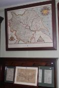 Oak framed print Saxtons Map of Yorkshire 1577 and three local framed map prints (4)