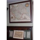 Oak framed print Saxtons Map of Yorkshire 1577 and three local framed map prints (4)