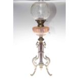 Late Victorian ornate oil lamp with coloured glass reservoir and etched shade