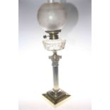 Late Victorian corinthian column brass oil lamp with etched shade, no.
